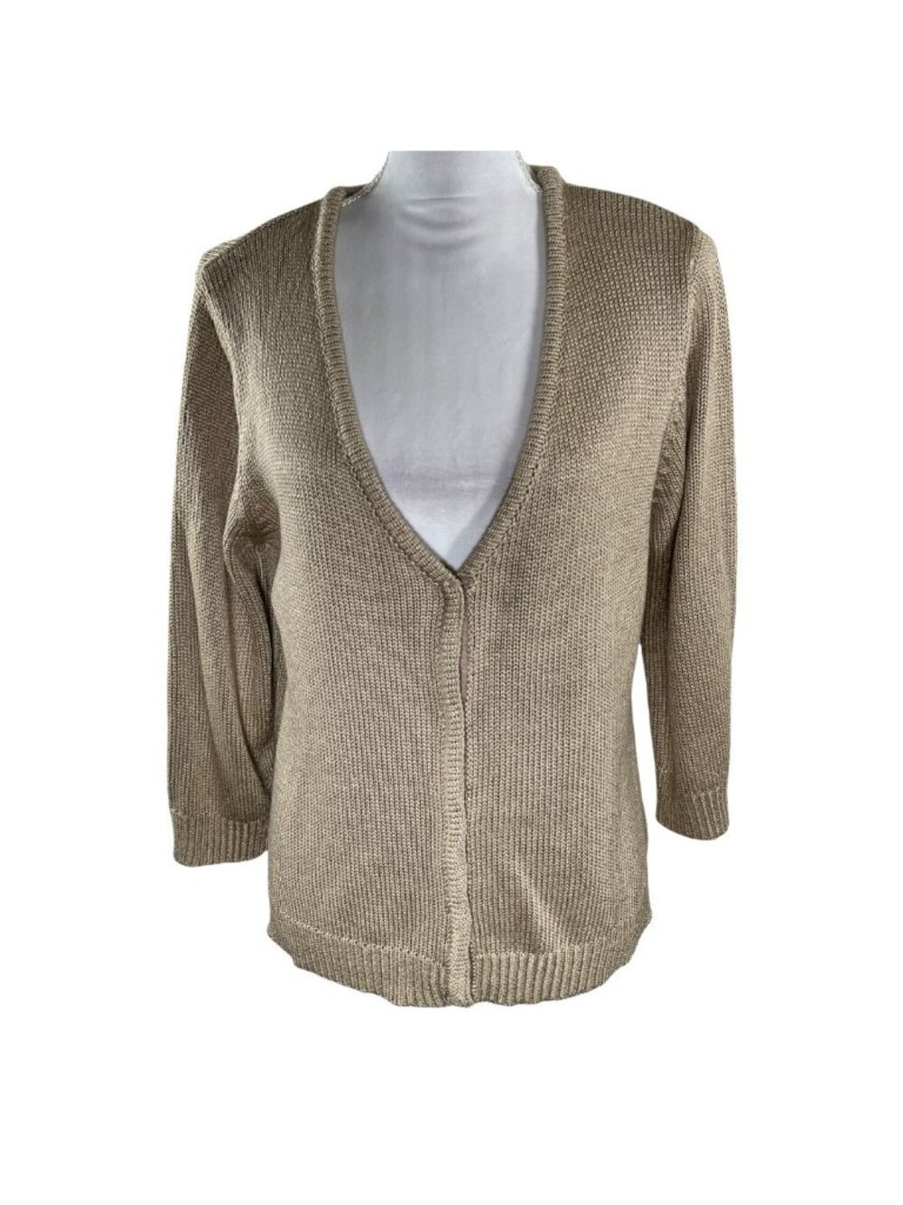 NY Collection Cardigan Womens XL Tan Open Front Knit Sweater Coastal Casual